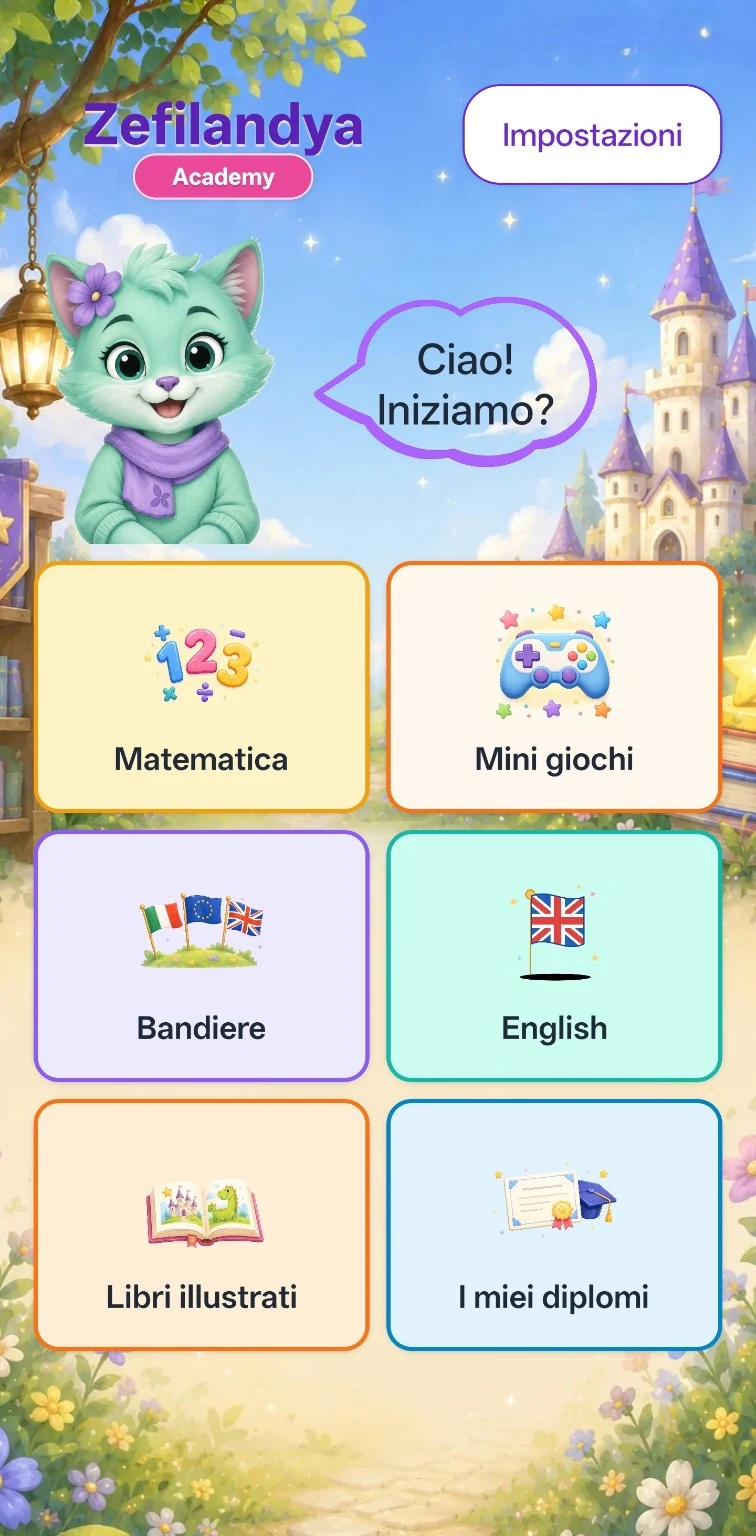 Schermata principale di Zefilandya Academy con mascotte e sezioni educative